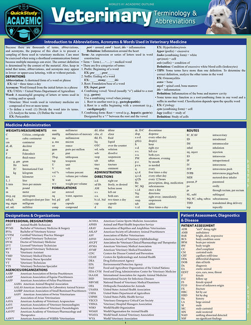 Veterinary Terminology & Abbreviations: A Quickstudy Laminated Reference Guide (First Edition, New Edition, Updated & Revised)